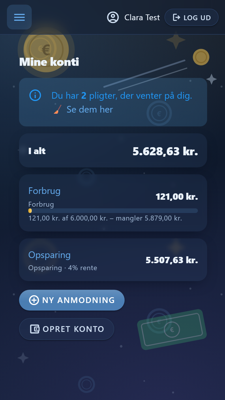 Barnets forside i Piggo med konti, saldo og opsparingsmål