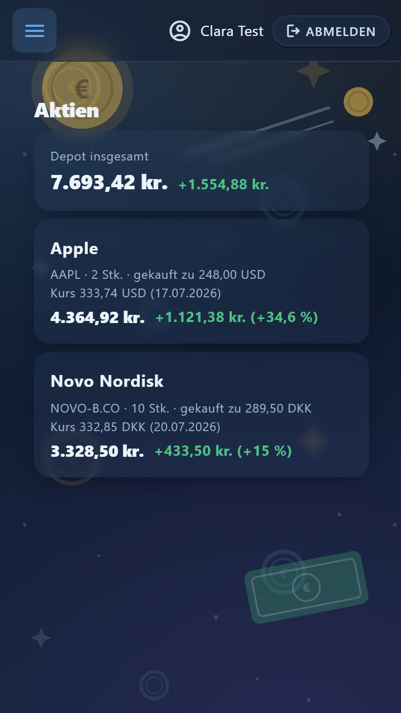 Aktiendepot eines Kindes mit den Kursen des Tages