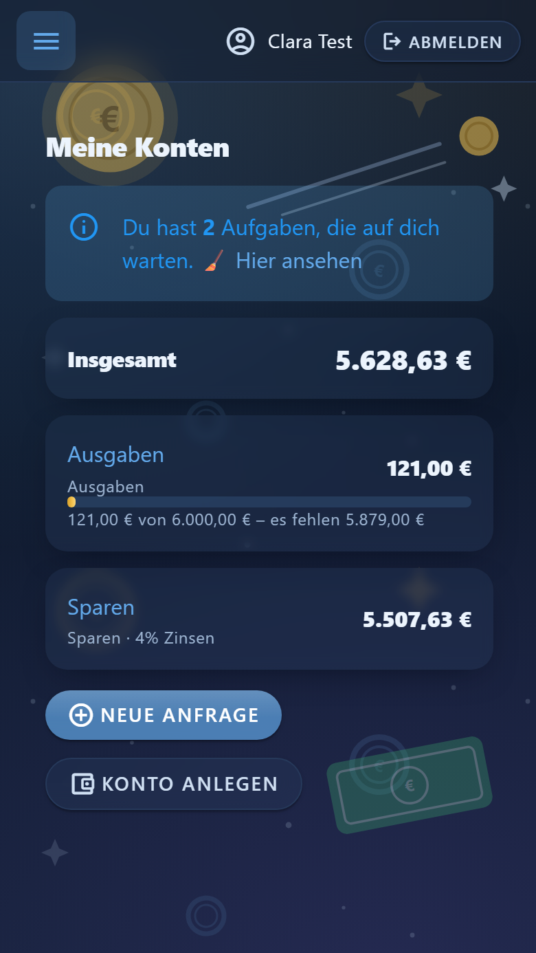 Startseite eines Kindes in Piggo mit Konten, Kontostand und Sparziel