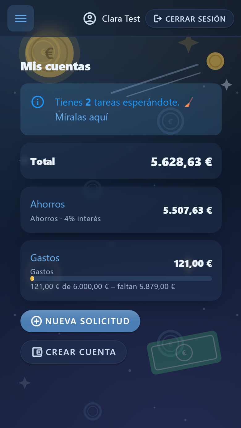 La página de inicio del niño en Piggo con cuentas, saldo y meta de ahorro