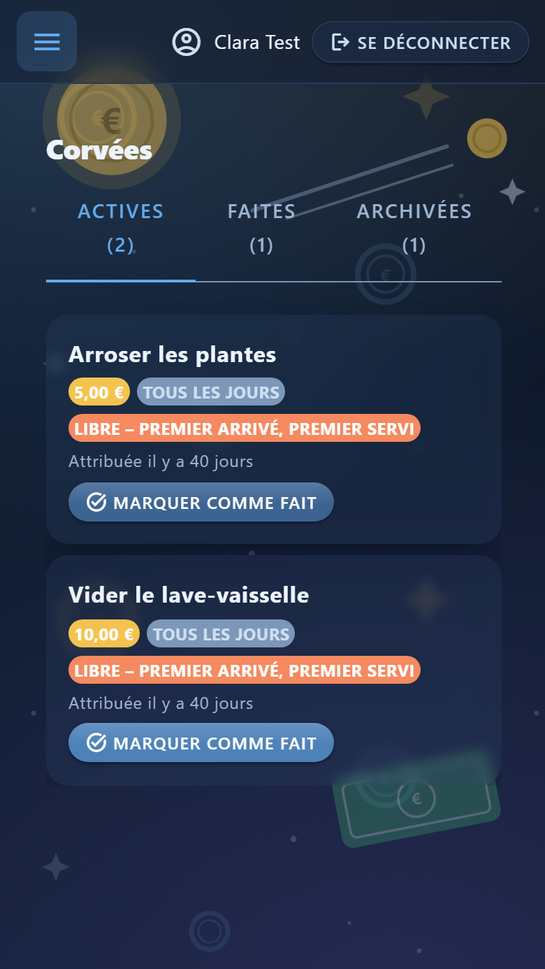 La liste des corvées avec leurs récompenses